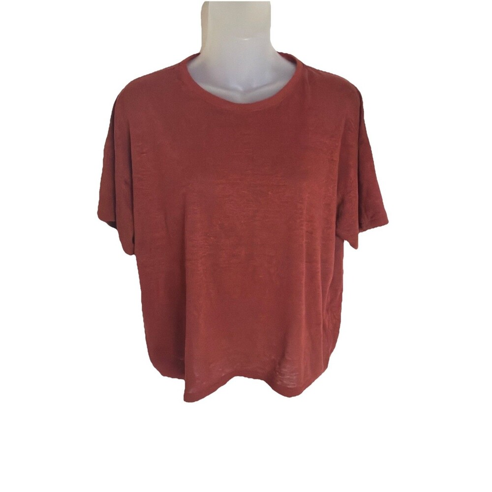 FRAME 100% Linen Boxy Top T-Shirt Relaxed Medium Women's Brick Red Short Sleeve